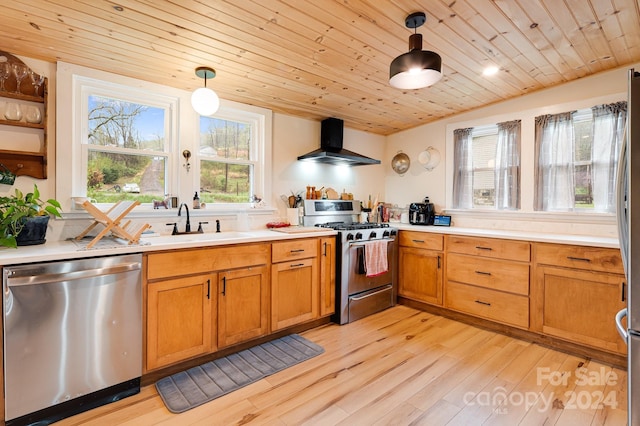 kitchen with wood ceiling, stainless steel appliances, light hardwood / wood-style floors, wall chimney range hood, and decorative light fixtures