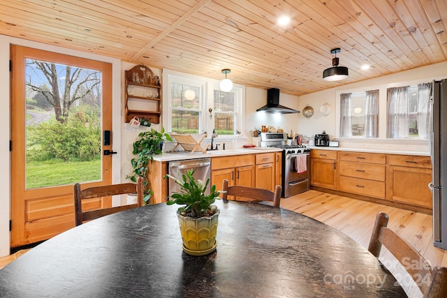 dining area featuring wood ceiling and light hardwood / wood-style floors