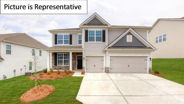 craftsman inspired home featuring a front yard, an attached garage, stone siding, central air condition unit, and driveway