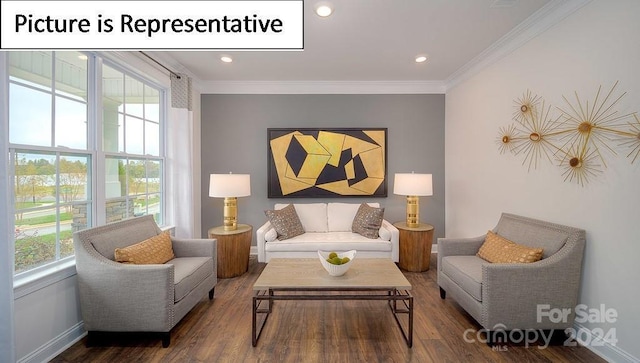 living room with ornamental molding, baseboards, recessed lighting, and wood finished floors
