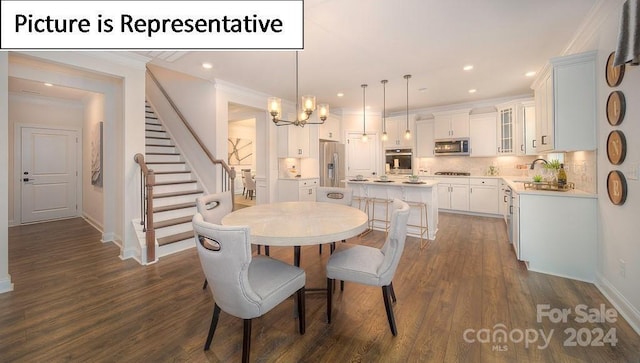 dining space with a notable chandelier, recessed lighting, stairway, crown molding, and dark wood-type flooring