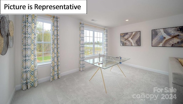 interior space with carpet flooring, baseboards, and visible vents