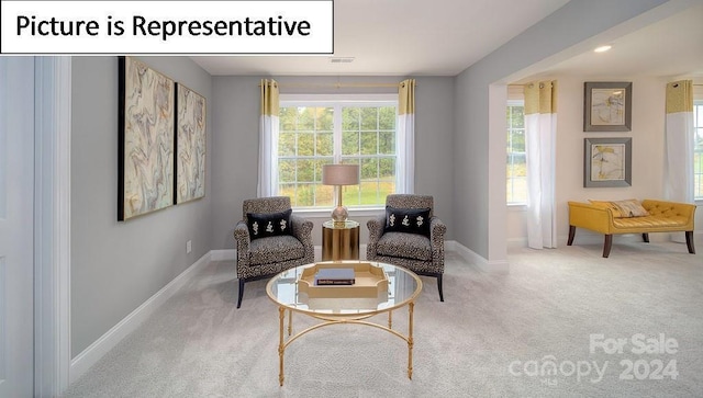living area featuring carpet flooring, baseboards, and visible vents