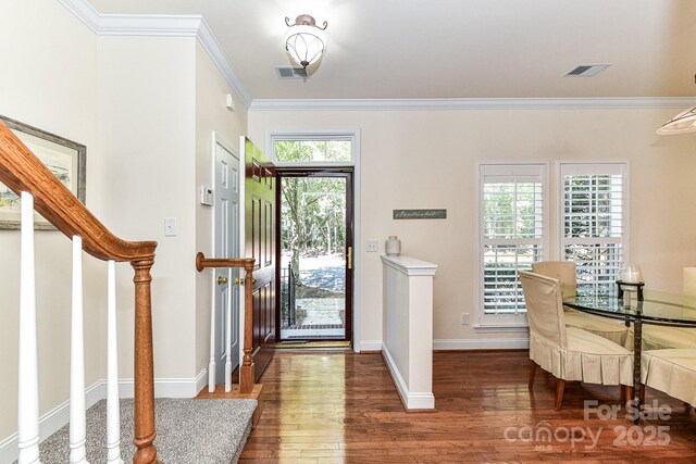 foyer featuring dark wood-type flooring and ornamental molding