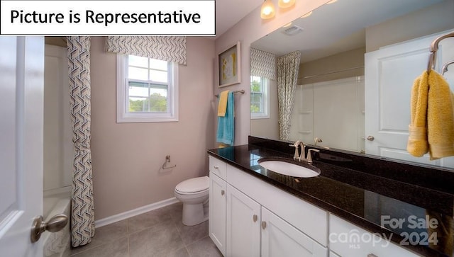 full bath with vanity, visible vents, toilet, tile patterned floors, and baseboards