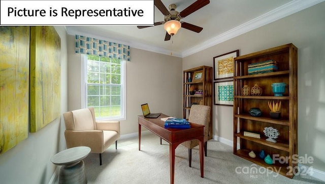 carpeted office with ceiling fan, baseboards, and ornamental molding
