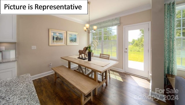 dining area with a notable chandelier, baseboards, ornamental molding, and dark wood-style floors