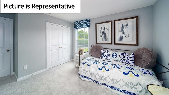 bedroom featuring carpet flooring, a closet, and baseboards
