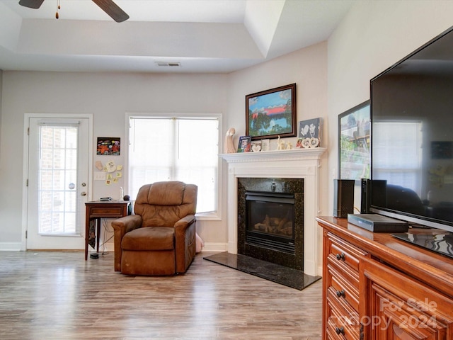 living room featuring a premium fireplace, a healthy amount of sunlight, and light wood-type flooring