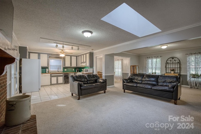 living room with track lighting, ornamental molding, light colored carpet, a textured ceiling, and a skylight