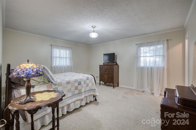 carpeted bedroom with multiple windows, ornamental molding, and a textured ceiling