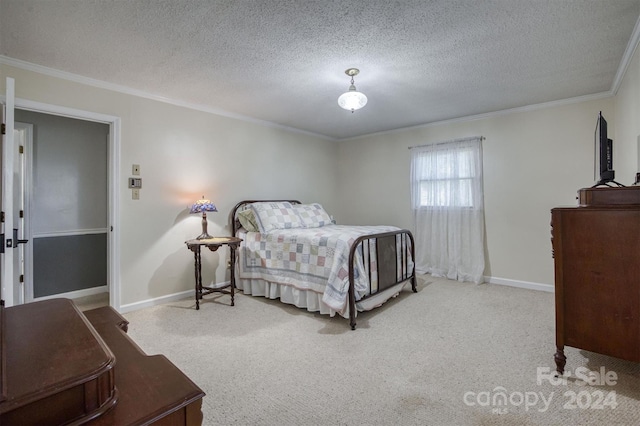 bedroom with crown molding, light carpet, and a textured ceiling