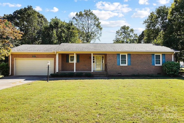 ranch-style home with driveway, crawl space, a porch, brick siding, and a garage