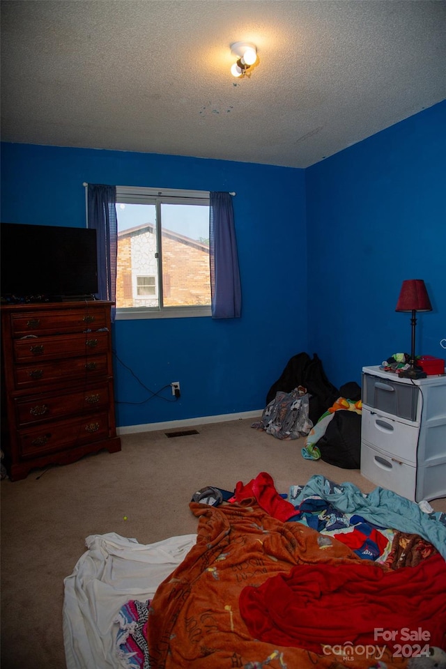 carpeted bedroom with a textured ceiling