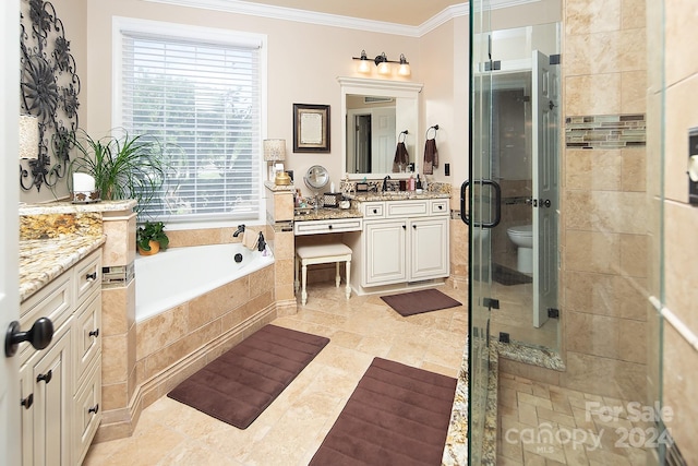 full bathroom featuring vanity, independent shower and bath, ornamental molding, and toilet