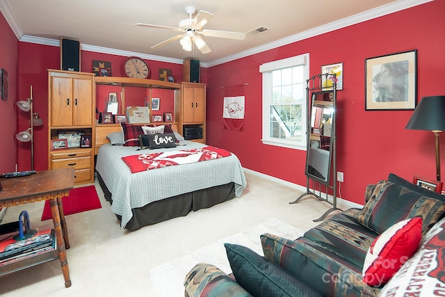 bedroom featuring light carpet, ornamental molding, and ceiling fan