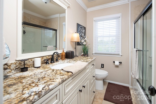 full bathroom with enclosed tub / shower combo, toilet, vanity, crown molding, and tile patterned flooring