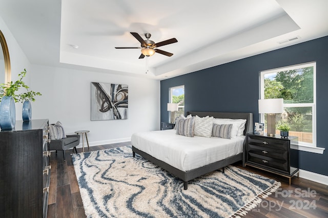 bedroom with a raised ceiling, dark hardwood / wood-style flooring, and multiple windows