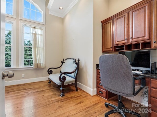 office with crown molding and light hardwood / wood-style floors