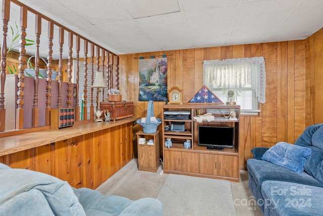 living room featuring wood walls and light carpet