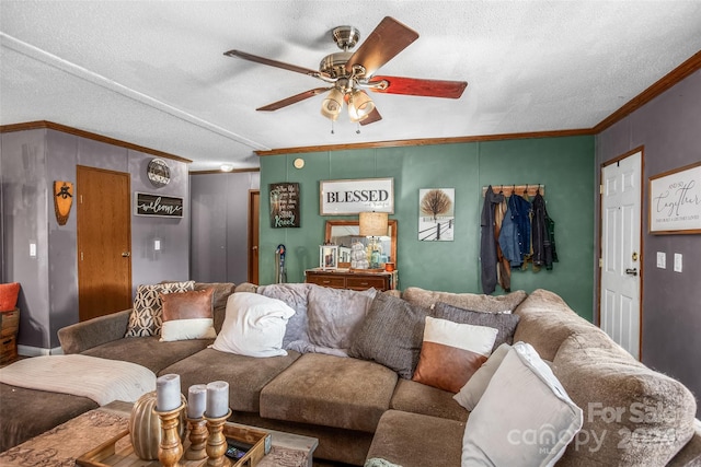 living room featuring crown molding, a textured ceiling, and ceiling fan