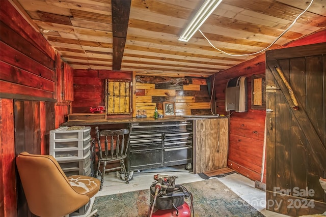 interior space with indoor bar, wooden ceiling, and wood walls