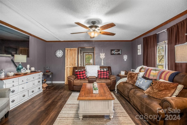 living room with crown molding, dark hardwood / wood-style floors, a textured ceiling, and a wealth of natural light