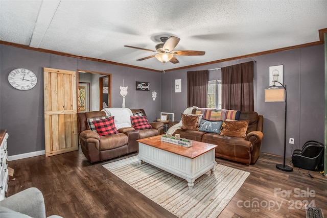 living room featuring ceiling fan, crown molding, a textured ceiling, and dark hardwood / wood-style flooring