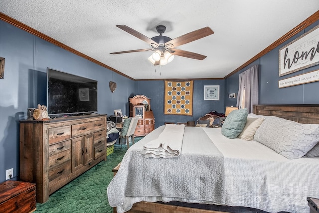 bedroom with crown molding, dark colored carpet, a textured ceiling, and ceiling fan