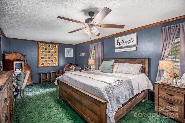 carpeted bedroom featuring crown molding, a textured ceiling, and ceiling fan