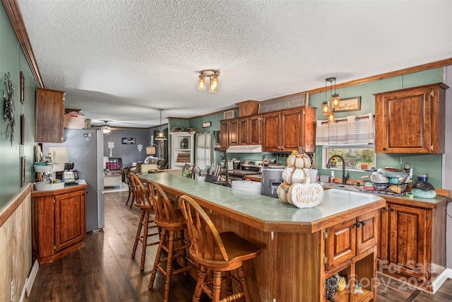 kitchen featuring crown molding, a textured ceiling, pendant lighting, and dark hardwood / wood-style floors