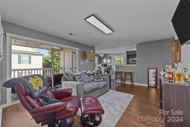 living room featuring a healthy amount of sunlight and dark wood-type flooring