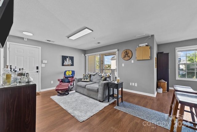 living room with dark wood-type flooring and plenty of natural light