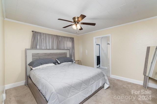 bedroom with light carpet, ceiling fan, and ornamental molding