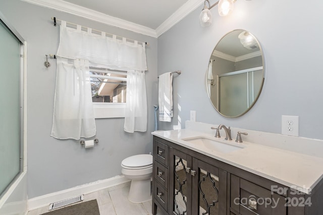 full bathroom featuring combined bath / shower with glass door, vanity, toilet, and ornamental molding