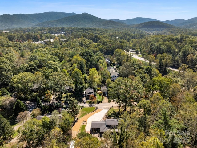 aerial view featuring a mountain view and a view of trees