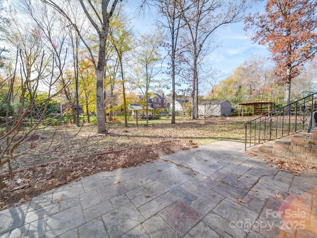 view of yard featuring a patio area and a storage unit