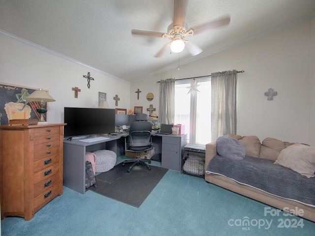 carpeted office space featuring lofted ceiling, crown molding, a textured ceiling, and ceiling fan