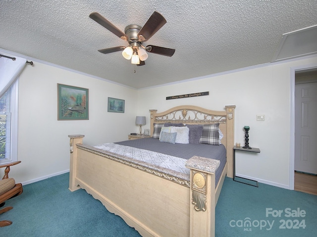 bedroom with light carpet, ornamental molding, a textured ceiling, and ceiling fan