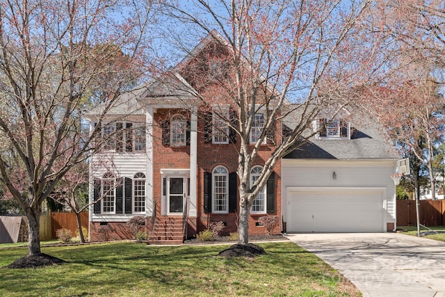 view of front of home with crawl space, fence, a garage, driveway, and a front lawn