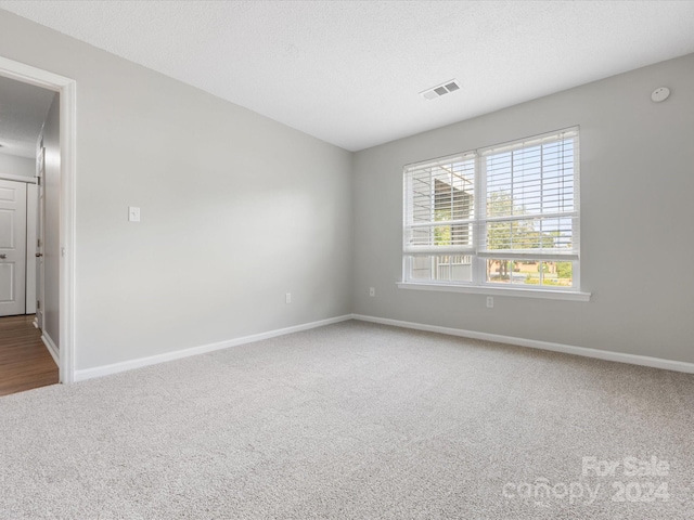 unfurnished room with carpet and a textured ceiling