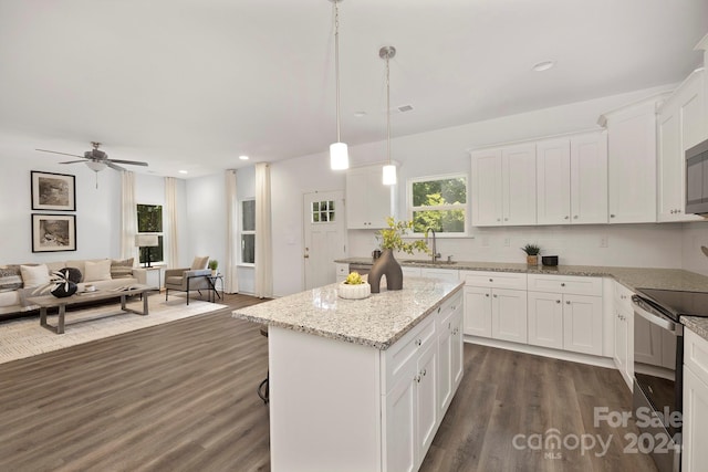 kitchen with white cabinets, dark hardwood / wood-style floors, a kitchen island, and pendant lighting