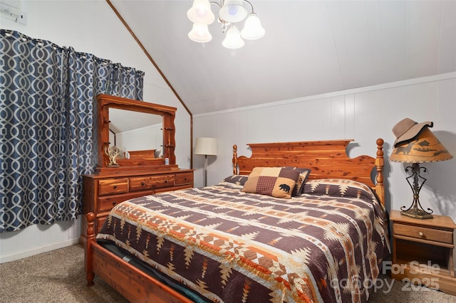 bedroom featuring ornamental molding, lofted ceiling, a chandelier, and carpet floors