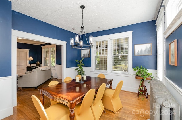 dining area with a chandelier, light hardwood / wood-style flooring, a textured ceiling, and radiator