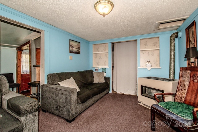 living room featuring a textured ceiling, carpet flooring, and heating unit