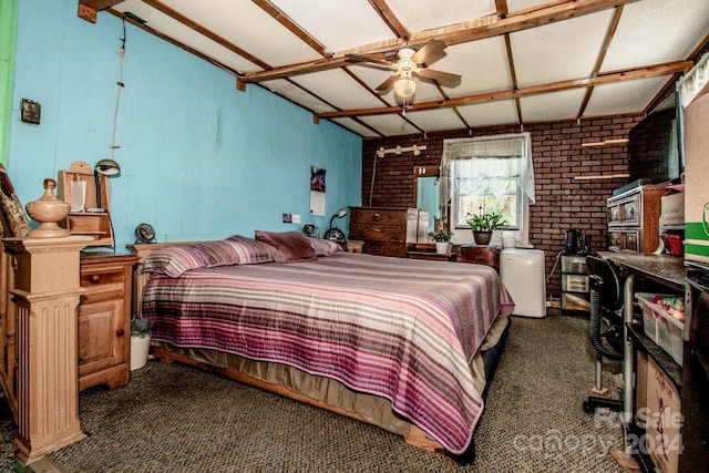 carpeted bedroom featuring ceiling fan and brick wall