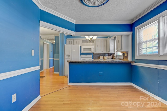 kitchen featuring a textured ceiling, light hardwood / wood-style flooring, crown molding, and white appliances