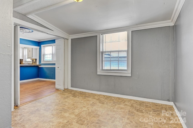 unfurnished room with ornamental molding, sink, and light wood-type flooring