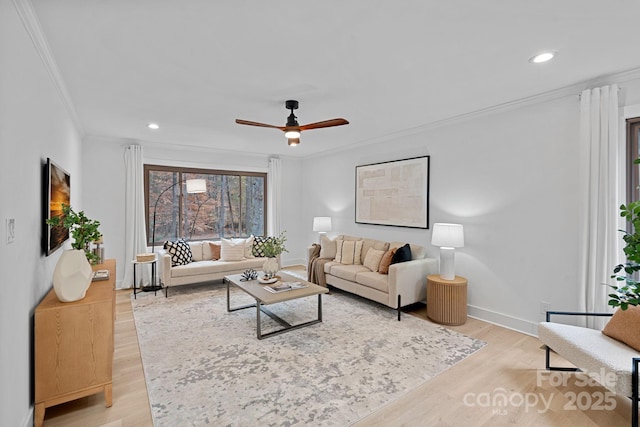 living room featuring ceiling fan, light wood-type flooring, and crown molding