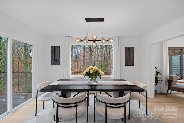 dining space with light hardwood / wood-style flooring and an inviting chandelier